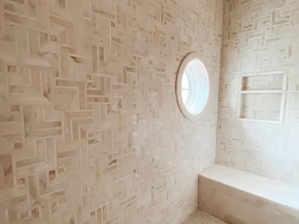 Cream basket mosaic, porthole window