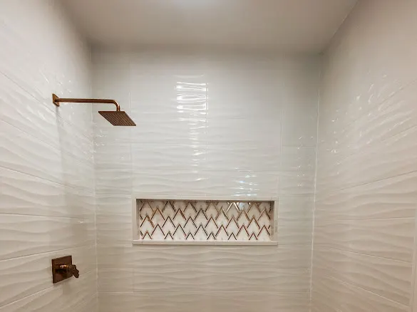Wave tile, copper chevron niche