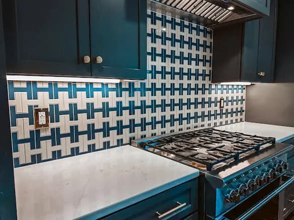 Navy basketweave backsplash